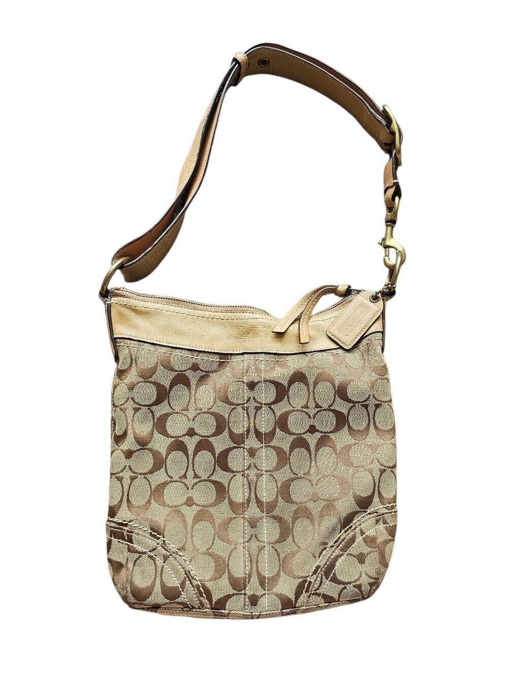 Y2k Coach Signature 10402 Crossbody Purse Shoulder Bag with Leather Trim Brown